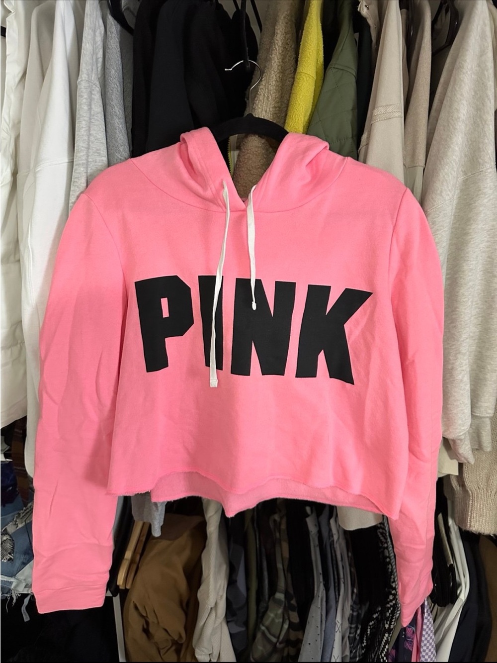 PINK Victoria's Secret Bright Pink Cropped Hoodie with Black Logo